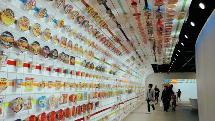 The museum's entrance archway, built from stacks of Nissin Cup Noodle packaging.
