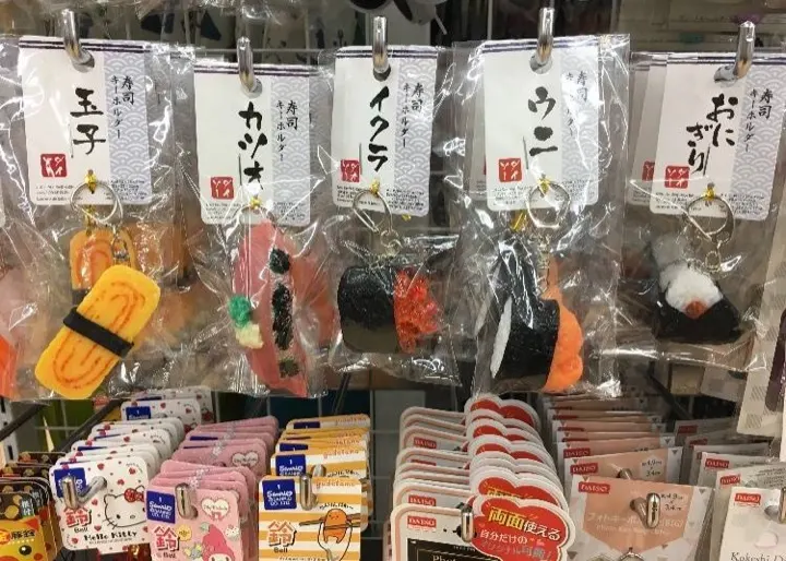 Sushi-shaped keychains, one of Daiso's quirky souvenir goods.
