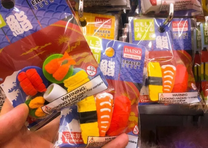 Sushi-shaped erasers, a fun, only-in-Japan find on the shelves.