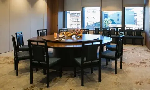 Medium private dining room with a city view.