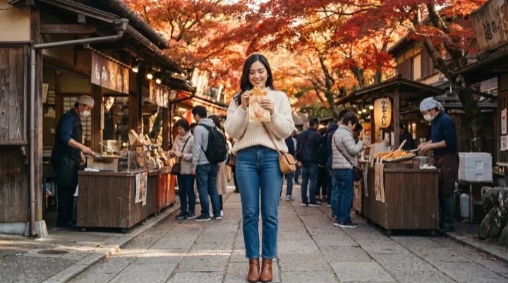 A vendor selling momiji tempura, deep-fried battered maple leaves, along the trail.