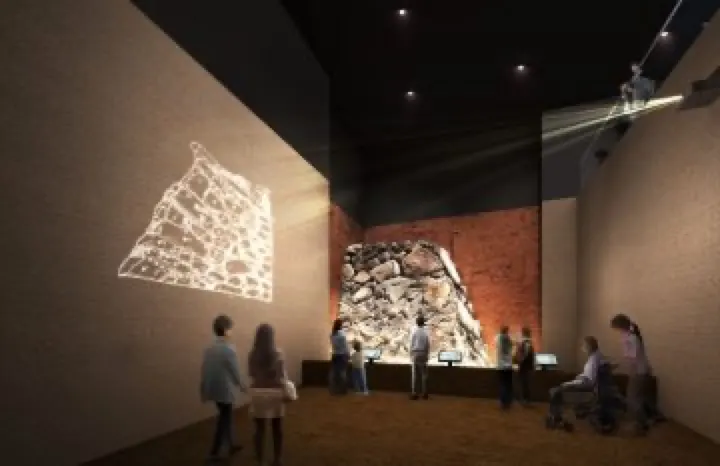 The Toyotomi Ishigaki Hall, exhibiting the castle's original stone walls buried by the Tokugawa rebuild.