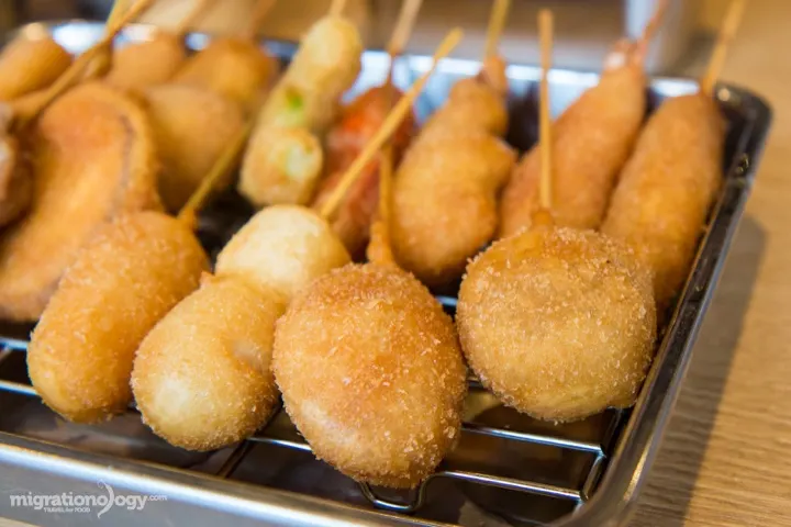 A platter of kushikatsu, Osaka's deep-fried skewers, from Kushikatsu Daruma.