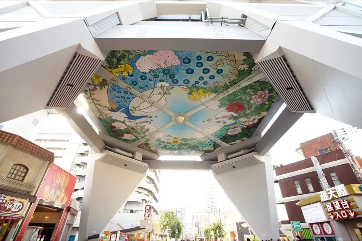 Ceiling artwork at the base of Tsutenkaku Tower.