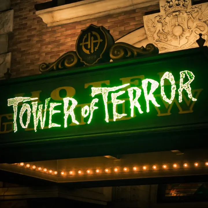 The Tower of Terror marquee at Hotel Hightower, American Waterfront's drop-tower ride.