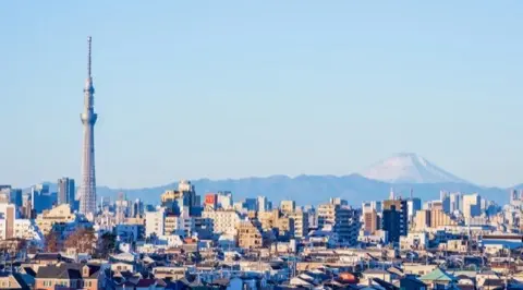 The tower with Mt. Fuji visible in the distance on a clear day.